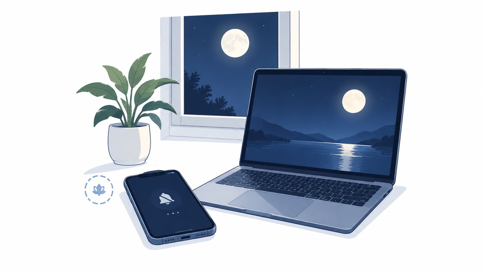 A night-time desk setup featuring a laptop and smartphone with moonlit desktop wallpaper and a potted plant.