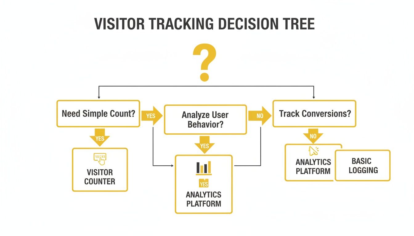 Decision tree for visitor tracking, guiding choice between counter, analytics, or basic logging based on needs.