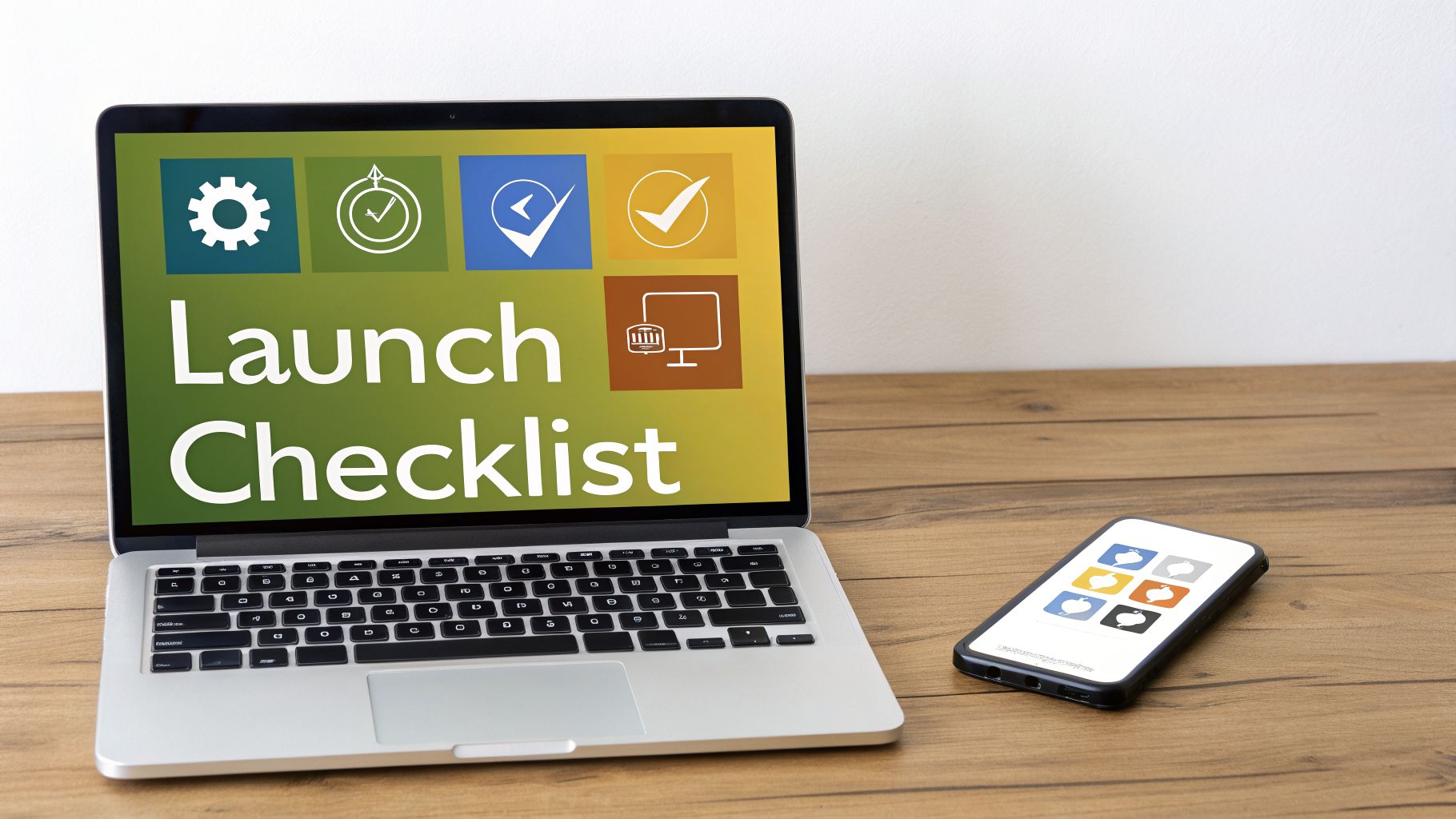 A laptop displaying 'Launch Checklist' and icons next to a smartphone on a wooden desk.