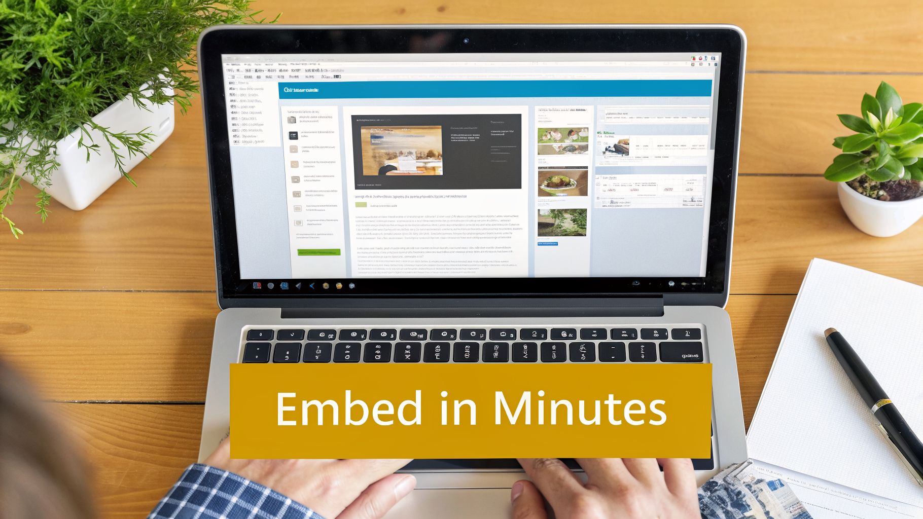 Hands typing on a laptop displaying a content management system with an 'Embed in Minutes' banner.