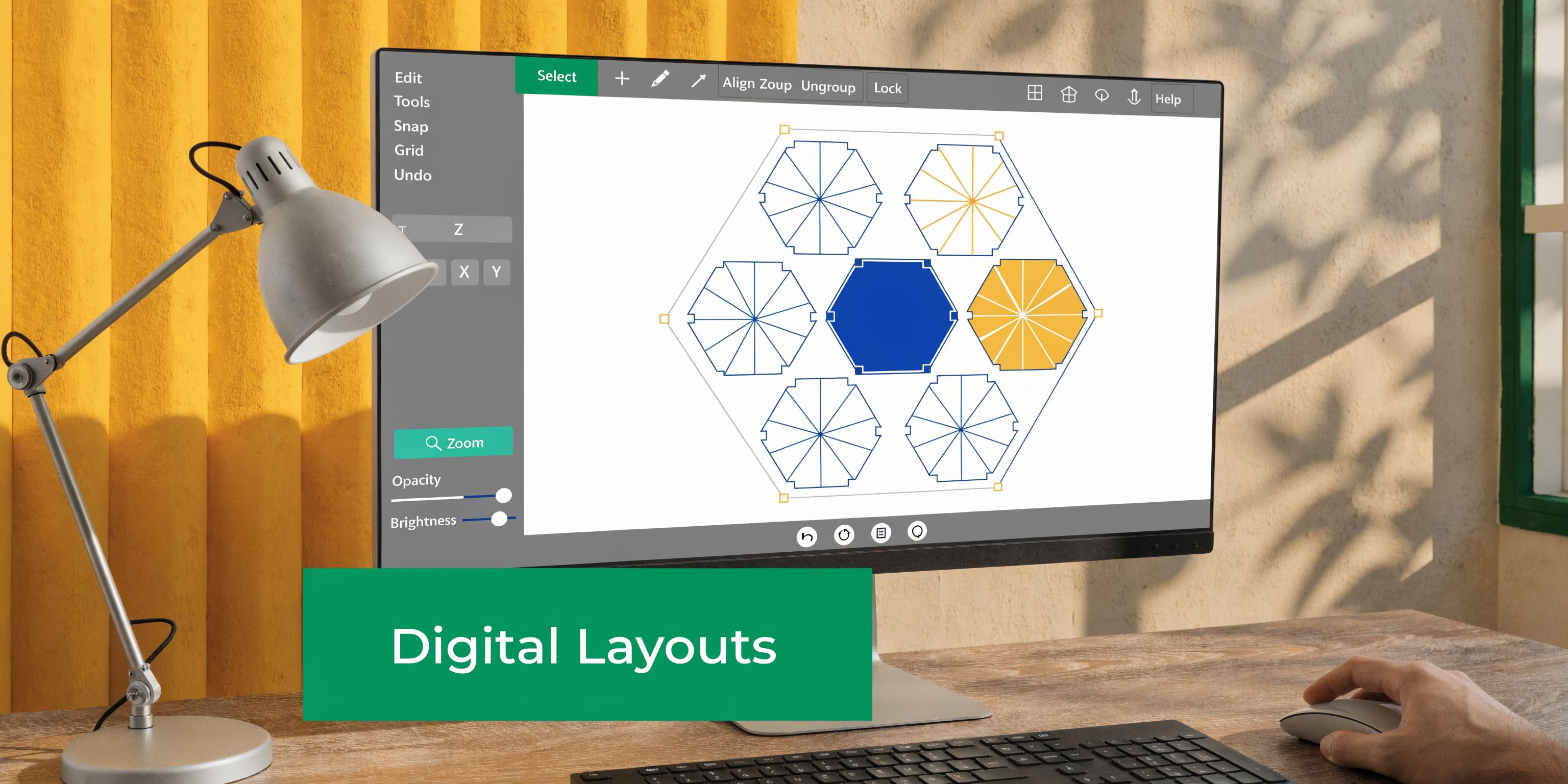 A computer screen showing a digital hexagon seating plan design tool with a hand using a mouse.