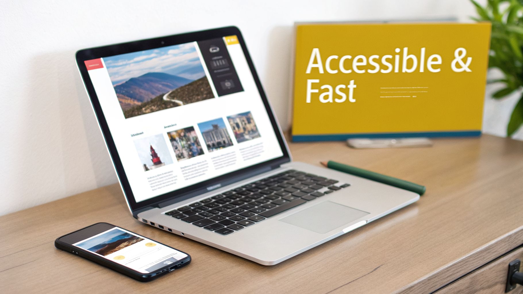 A laptop and smartphone display a website with nature and city images on a wooden desk, emphasizing accessibility.