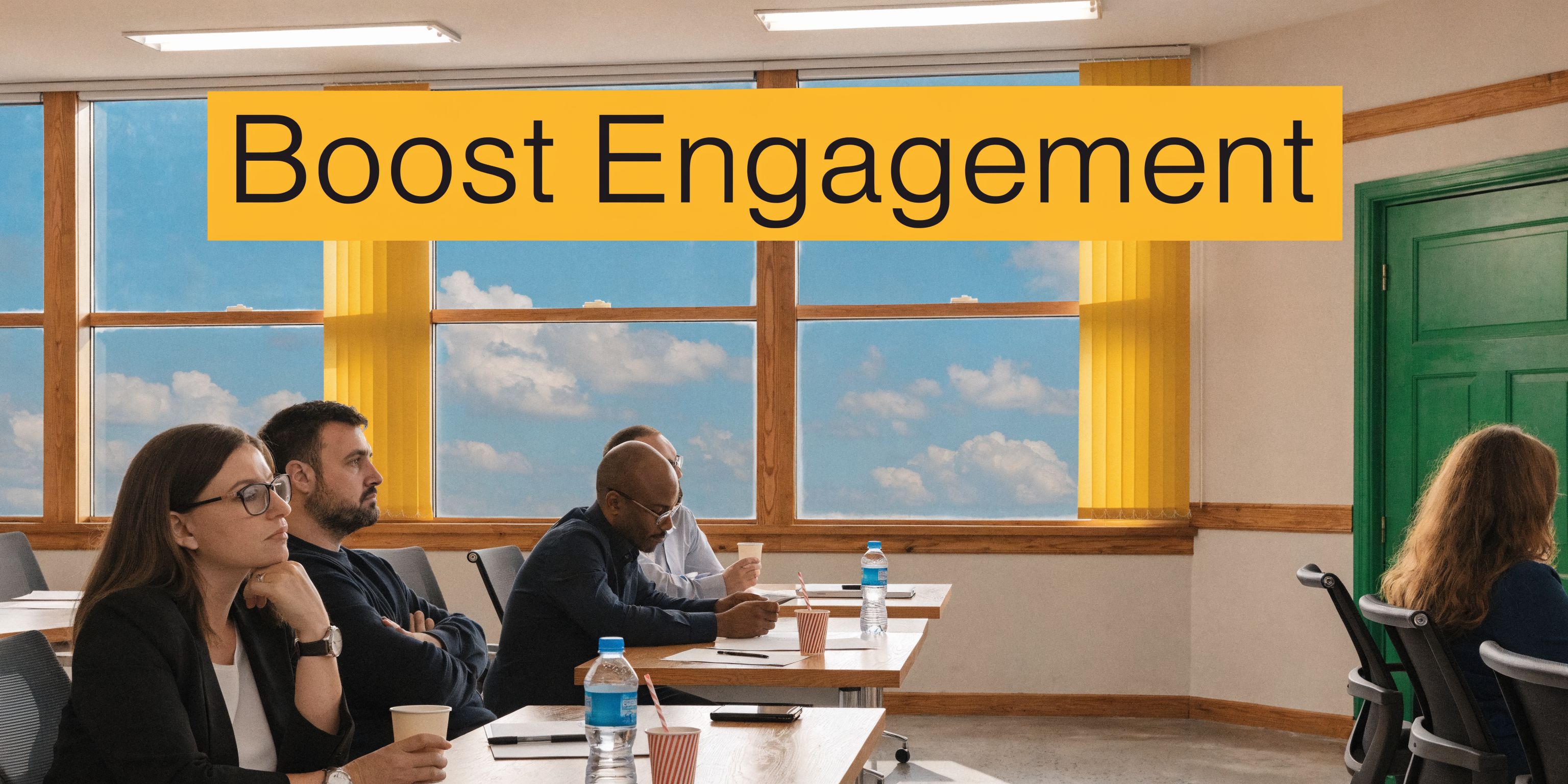 A group of diverse professionals attending a business meeting in a modern office with large bright windows.