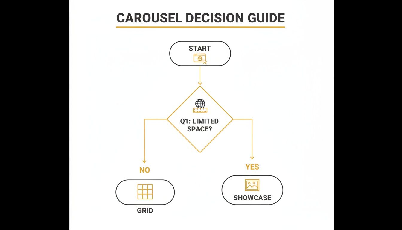 A flowchart titled 'Carousel Decision Guide' showing a decision process for UI layouts.