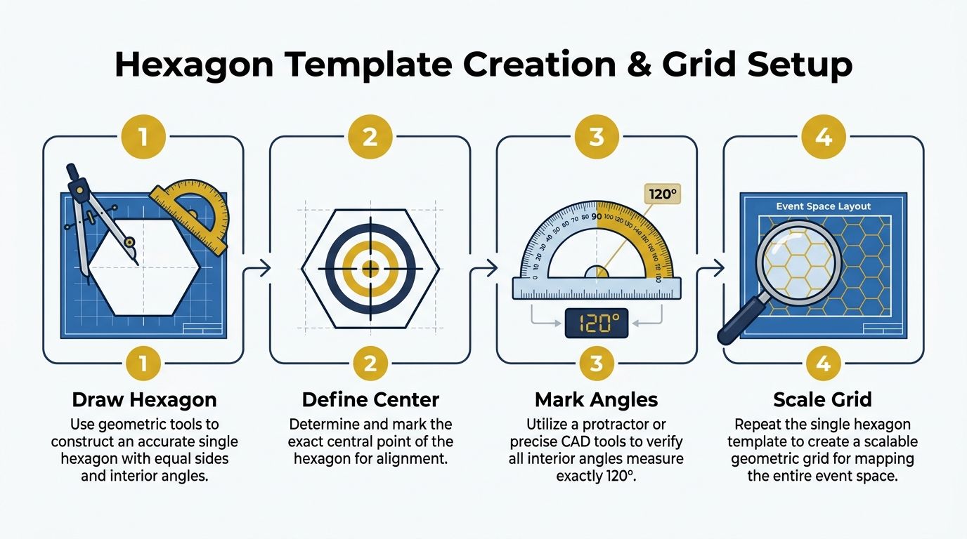 A four-step infographic showing how to create a hexagonal grid for an event space layout design.