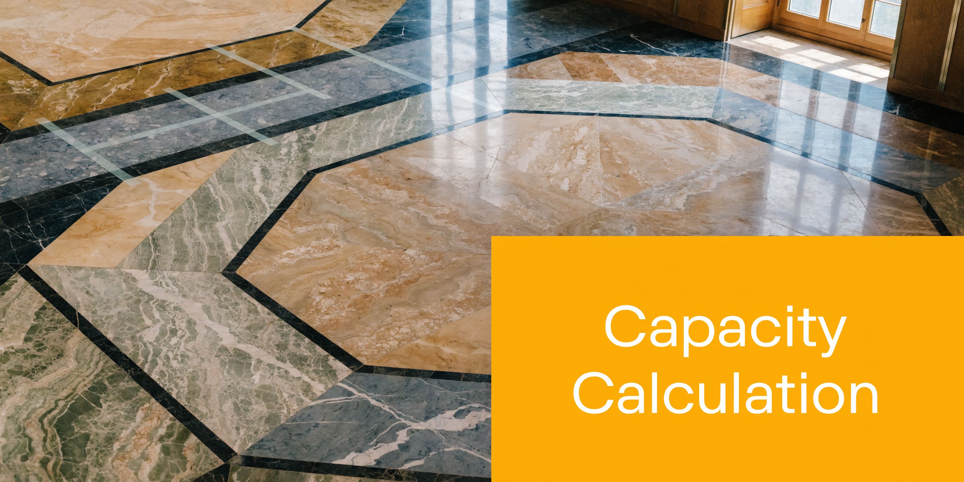 A high-angle view of a polished marble floor with geometric patterns and a large orange overlay text.