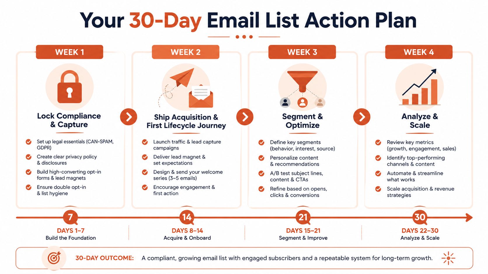 A 30-day email list action plan infographic outlining weekly tasks for compliance, acquisition, segmentation, and scaling strategies.
