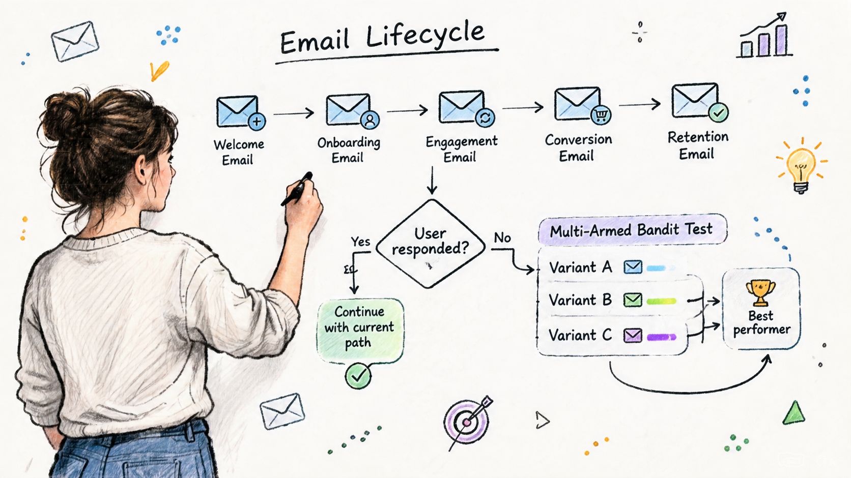 A woman drawing a flowchart illustrating the email lifecycle stages and a multi-armed bandit testing process.