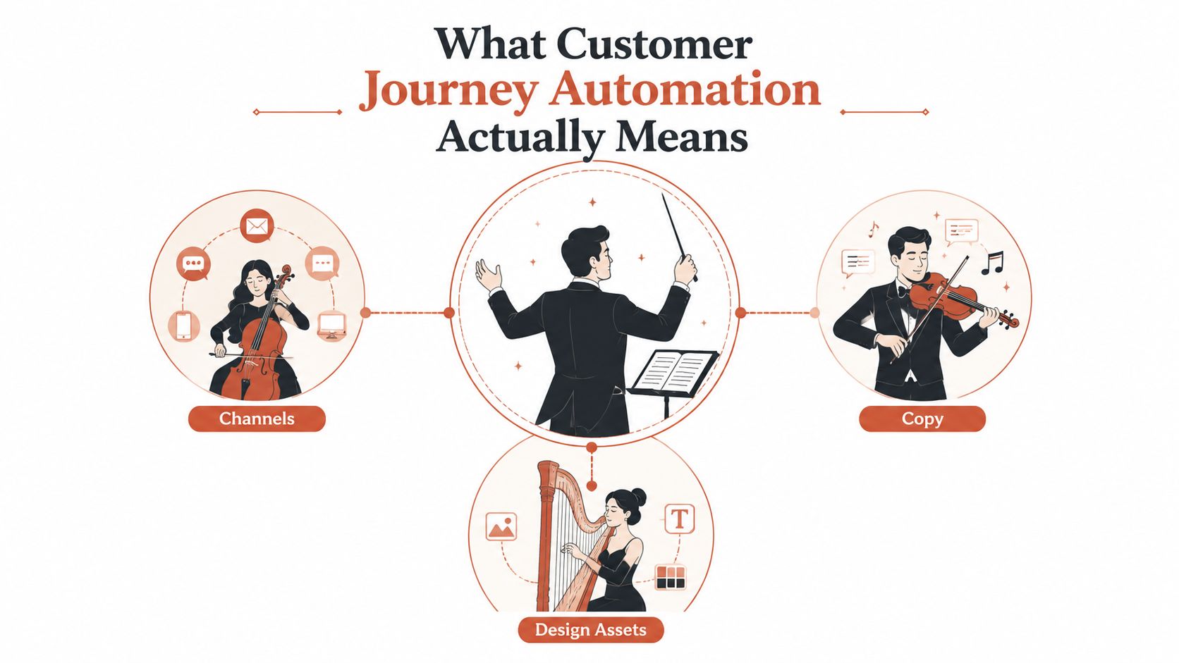 An infographic illustrating customer journey automation as a conductor leading various musicians representing channels, copy, and design assets.