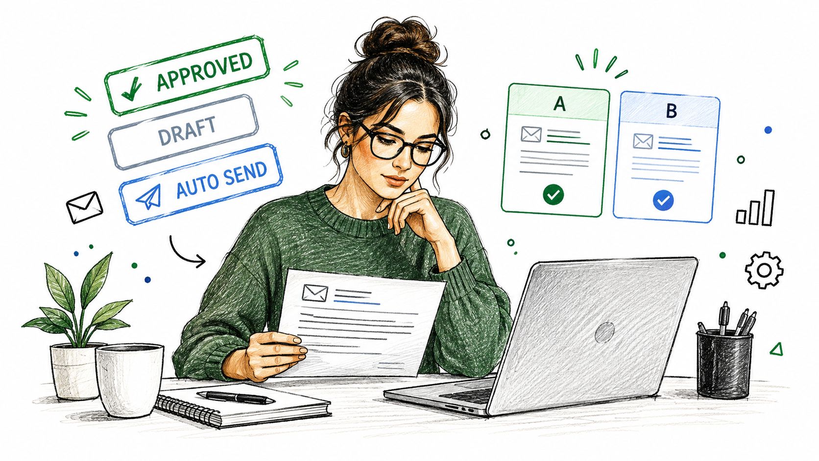 A woman reviewing email content while working with digital workflow automation tools at her desk.