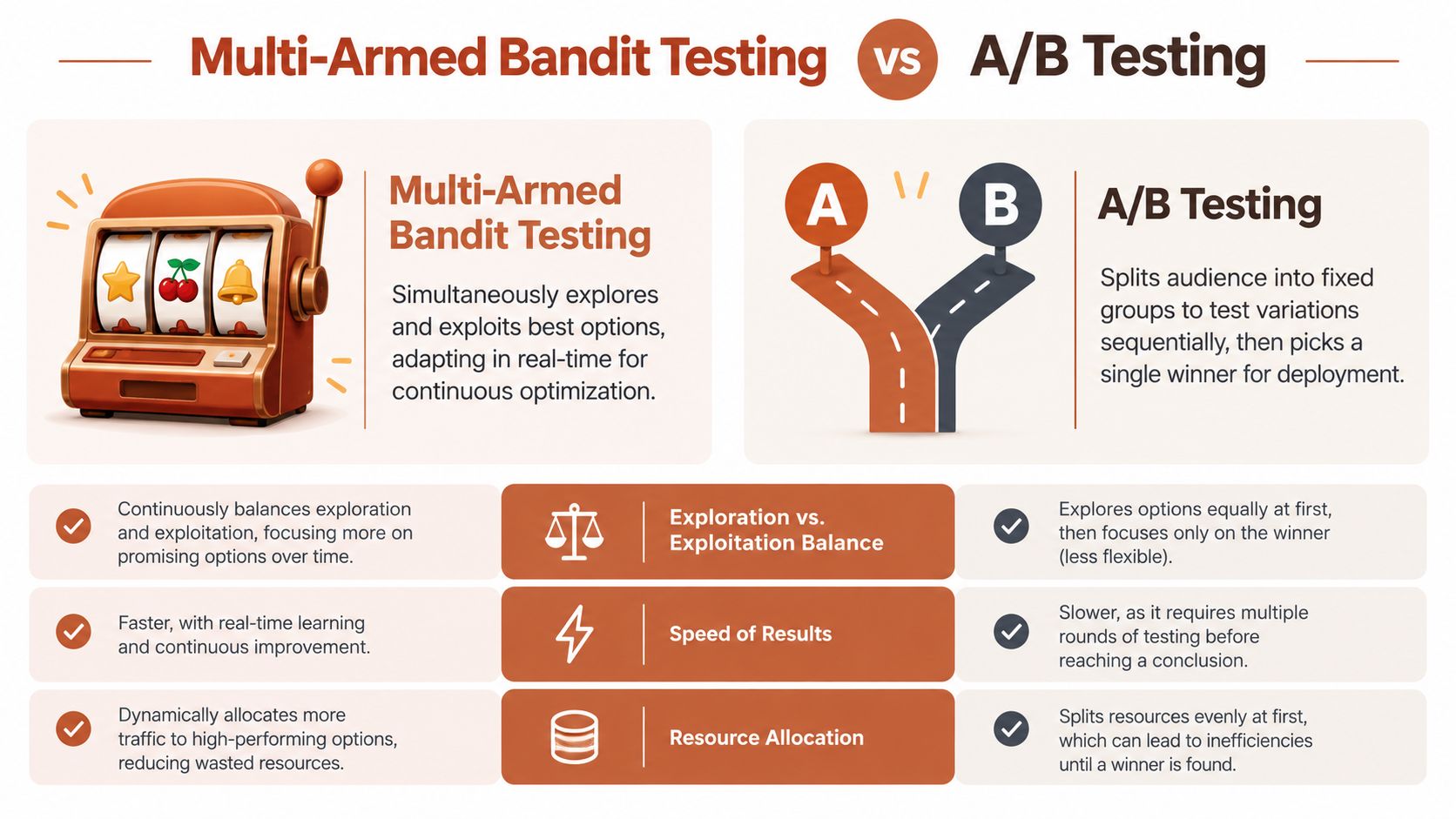 A comparison infographic between multi-armed bandit testing and traditional A/B testing methods for optimization.