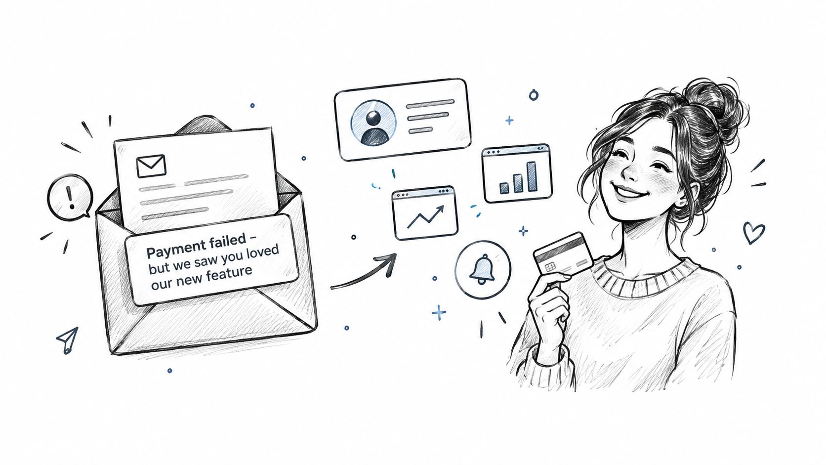 A pencil sketch illustration showing a failed payment email notification next to a smiling woman holding a card.