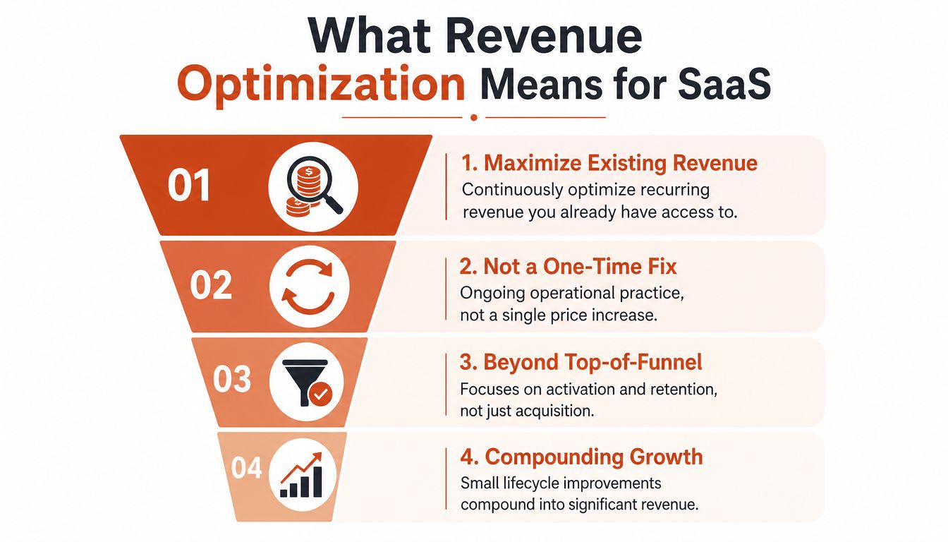 A four-step funnel graphic illustrating the core components and benefits of revenue optimization for SaaS companies.
