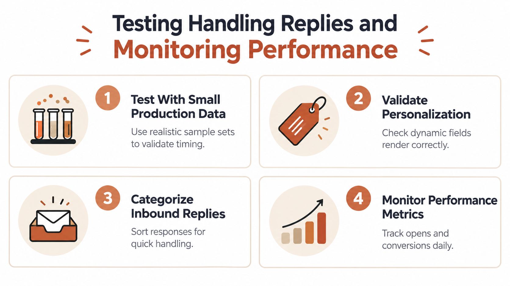A four-step infographic explaining how to test email handling replies and monitor performance metrics for campaigns.