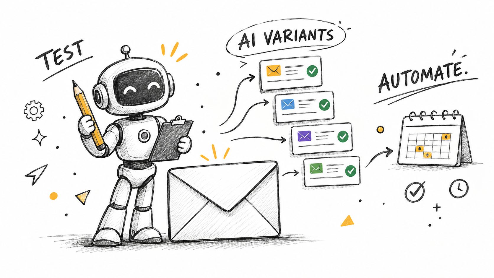 A robot holding a pencil and clipboard illustrates the concept of multivariate testing and email automation.