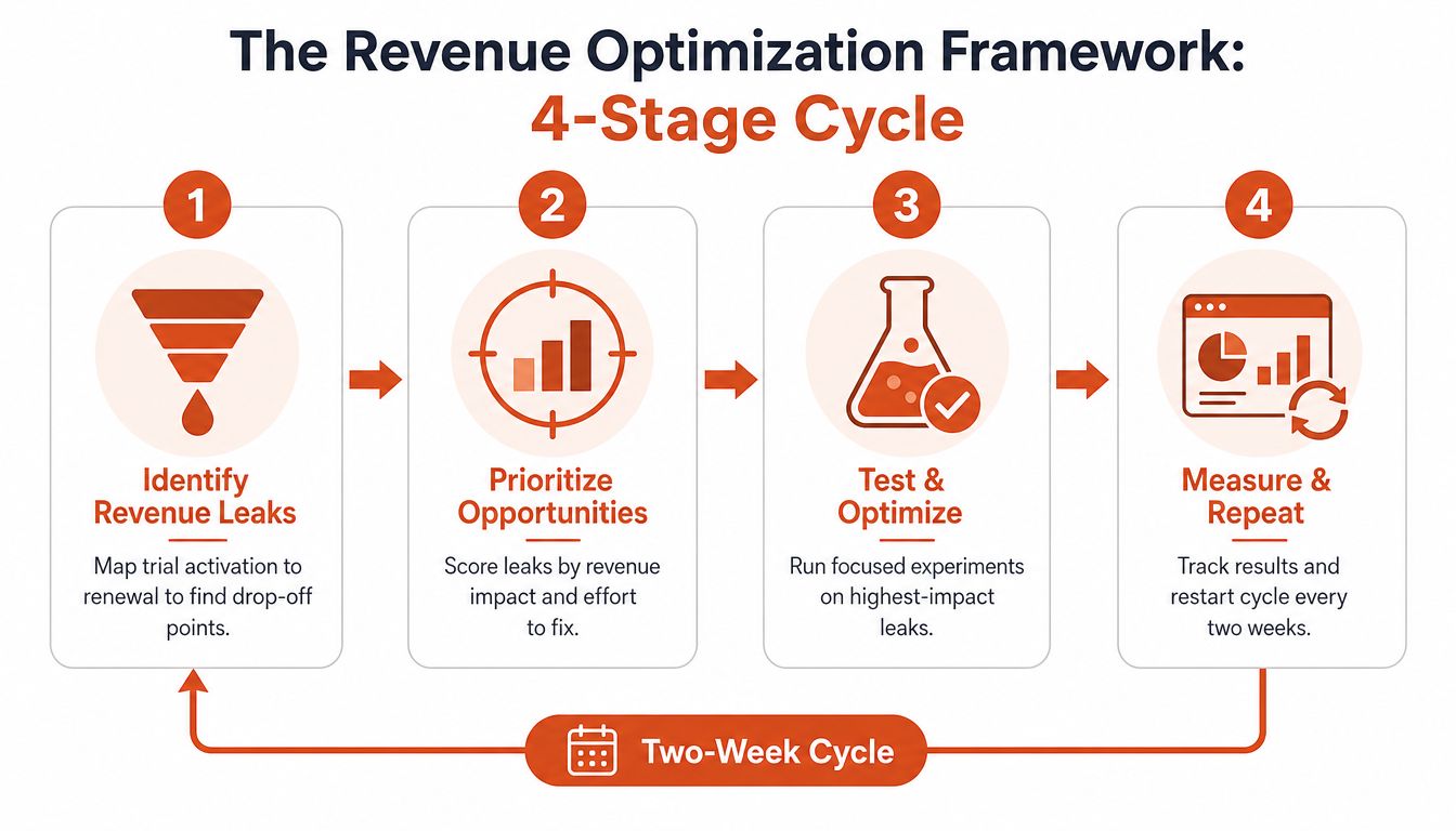 A four-stage cycle diagram outlining a revenue optimization framework for business growth and conversion rate improvement.