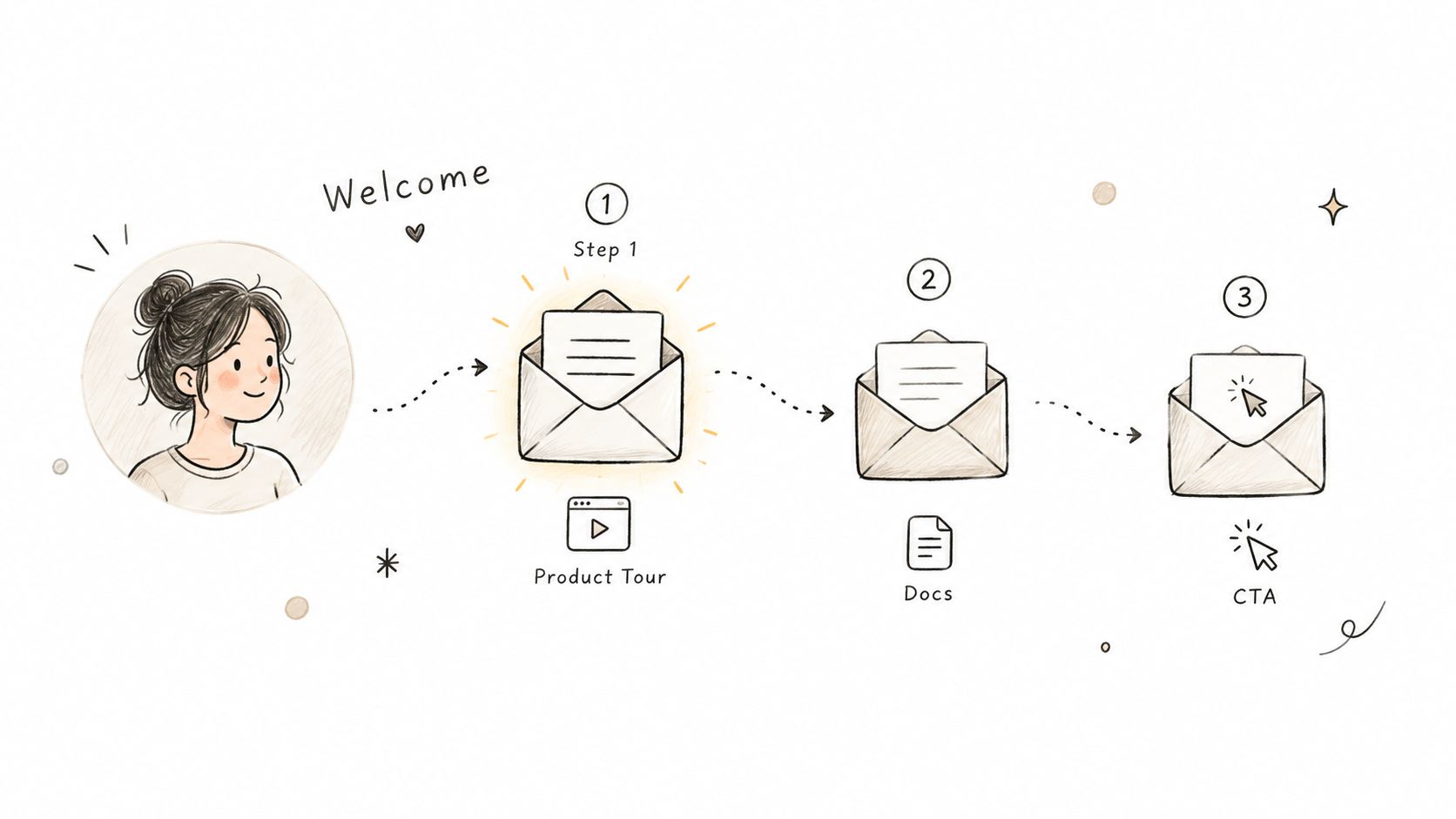 A hand-drawn illustration showing a three-step customer activation email sequence with a welcome girl icon.
