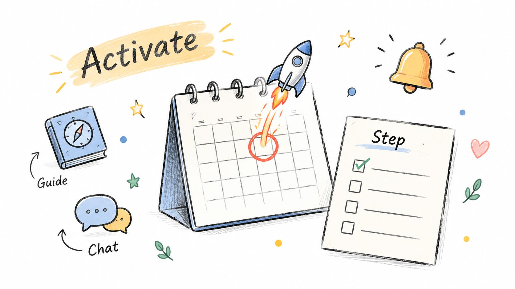 A hand-drawn illustration showing a calendar, rocket, checklist, guide book, and chat bubbles representing activation steps.