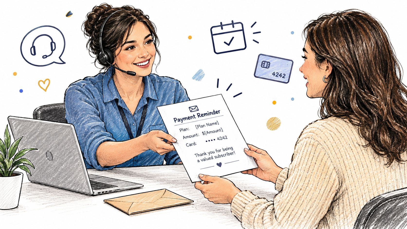 A friendly customer service representative handing a payment reminder document to a smiling subscriber at a desk.