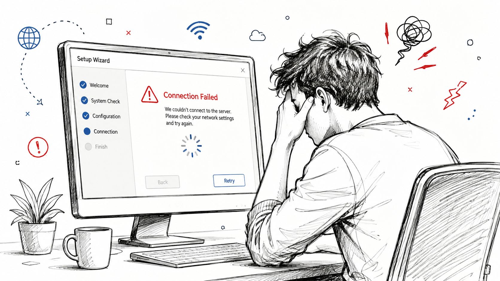 A frustrated person sitting at a desk looking at a computer monitor showing a connection failed error.