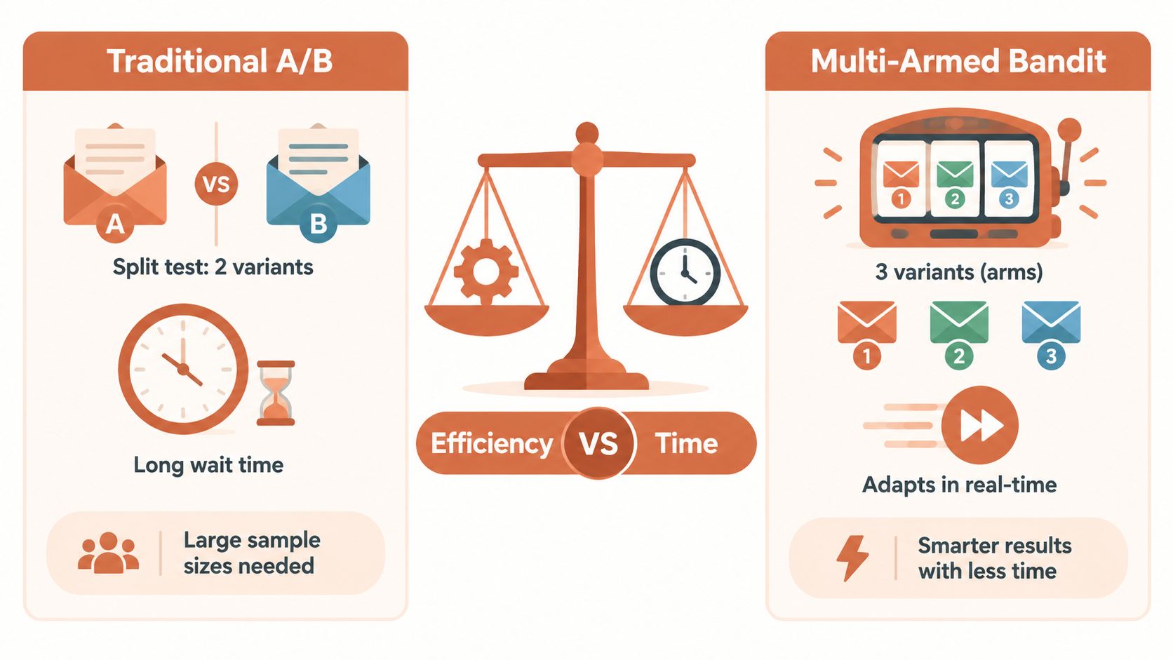 A comparison infographic between traditional A/B testing and multi-armed bandit testing methods in marketing and analytics.