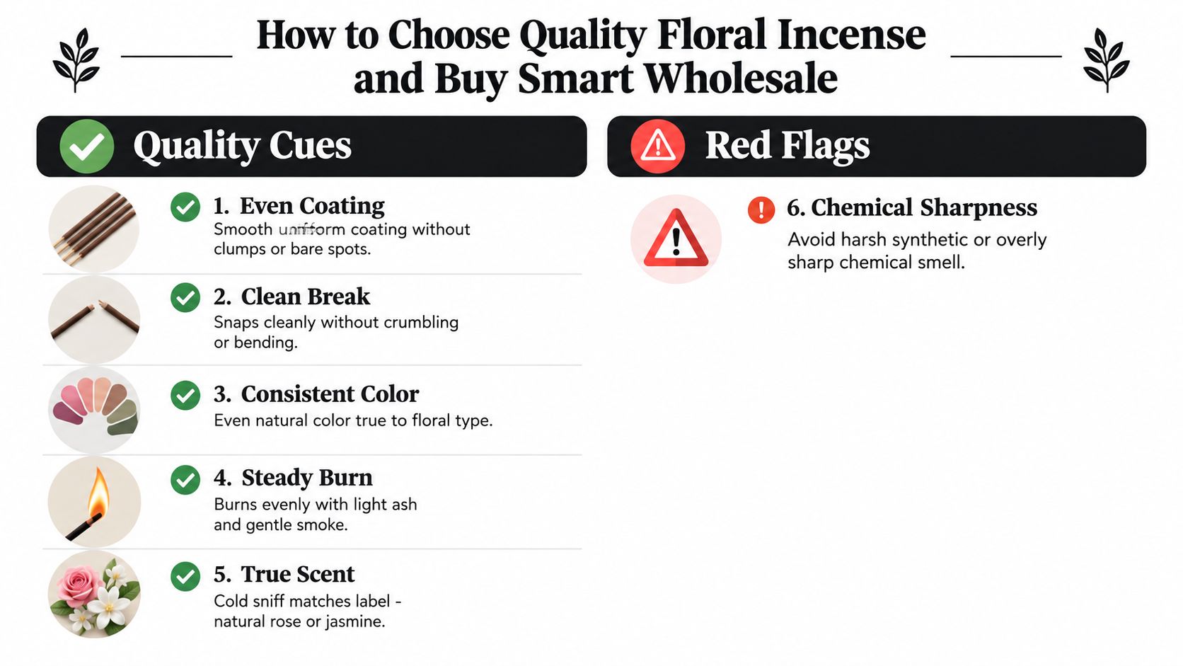 An infographic showing tips on how to choose quality floral incense sticks by identifying specific traits.