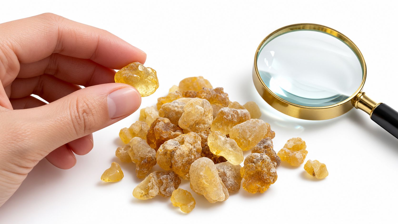 A hand holding a piece of golden frankincense resin next to a pile and a magnifying glass.