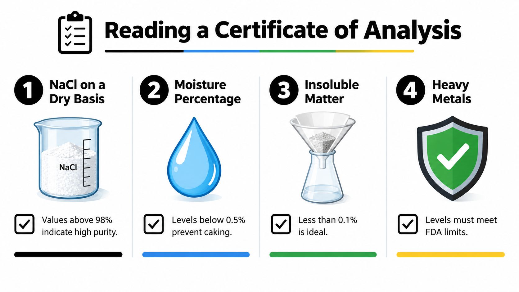 An infographic detailing four key factors for evaluating a Certificate of Analysis for sea salt quality.