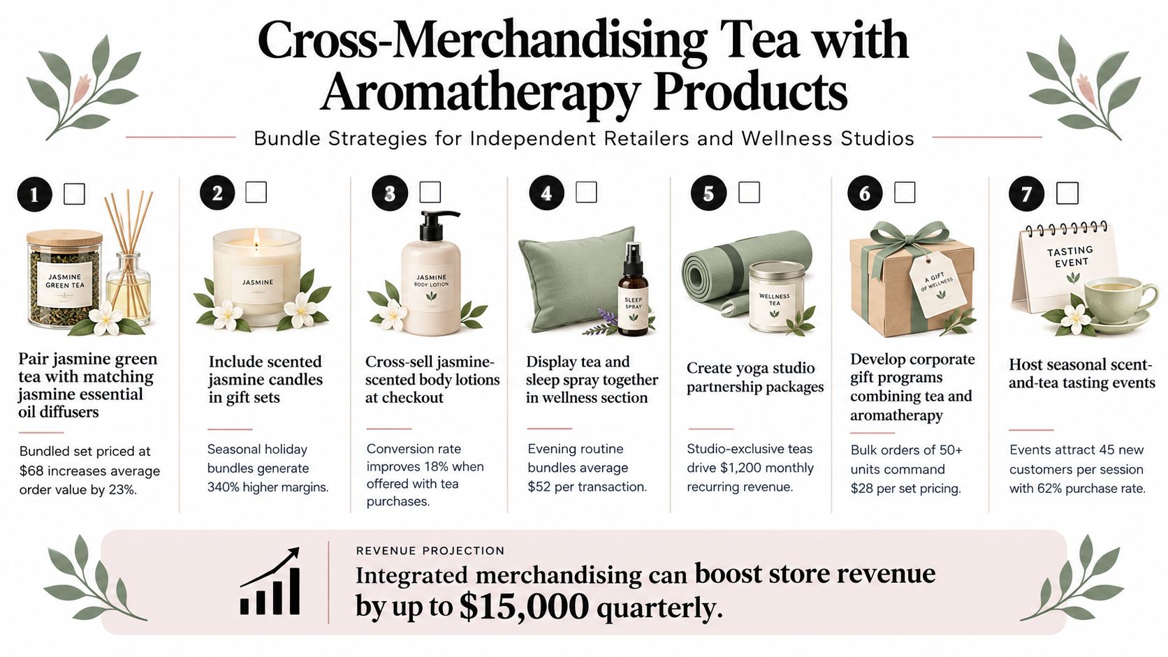 A strategic guide illustrating seven ways to cross-merchandise jasmine green tea with aromatherapy wellness products.