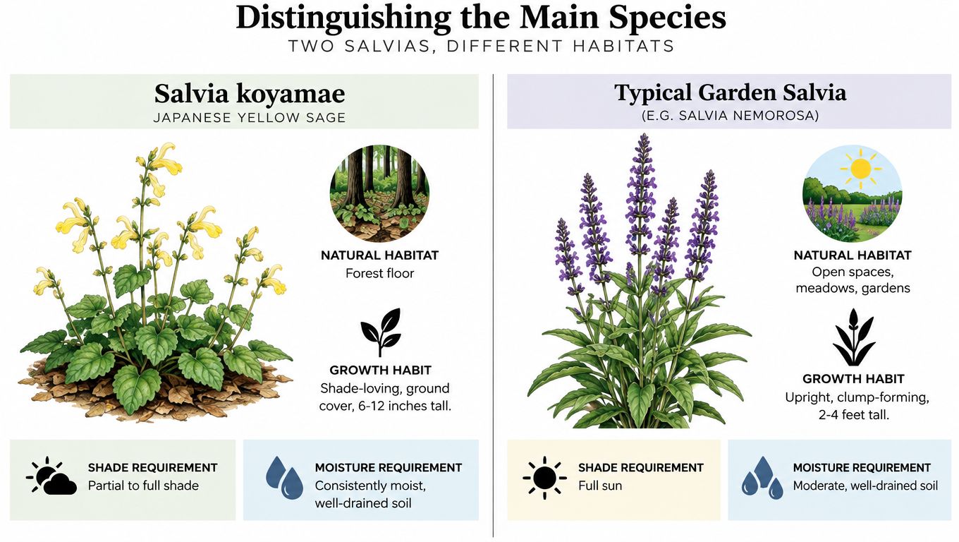 A comparison chart showing differences between Salvia koyamae yellow sage and Typical Garden Salvia plants.