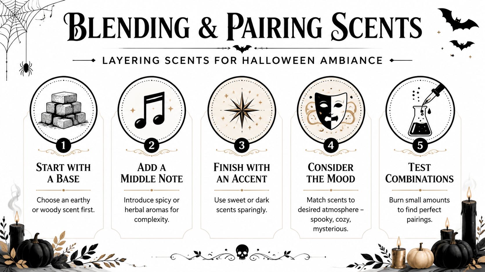 An infographic detailing five steps for layering and blending scents to create a festive Halloween ambiance.