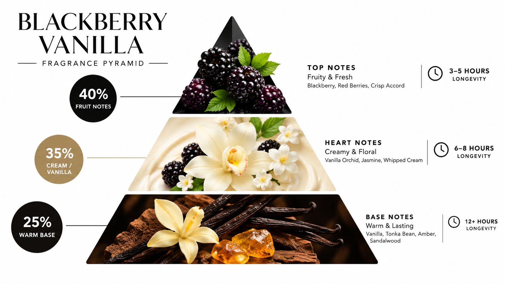 A fragrant pyramid diagram illustrating the top, heart, and base notes of a Blackberry Vanilla perfume.