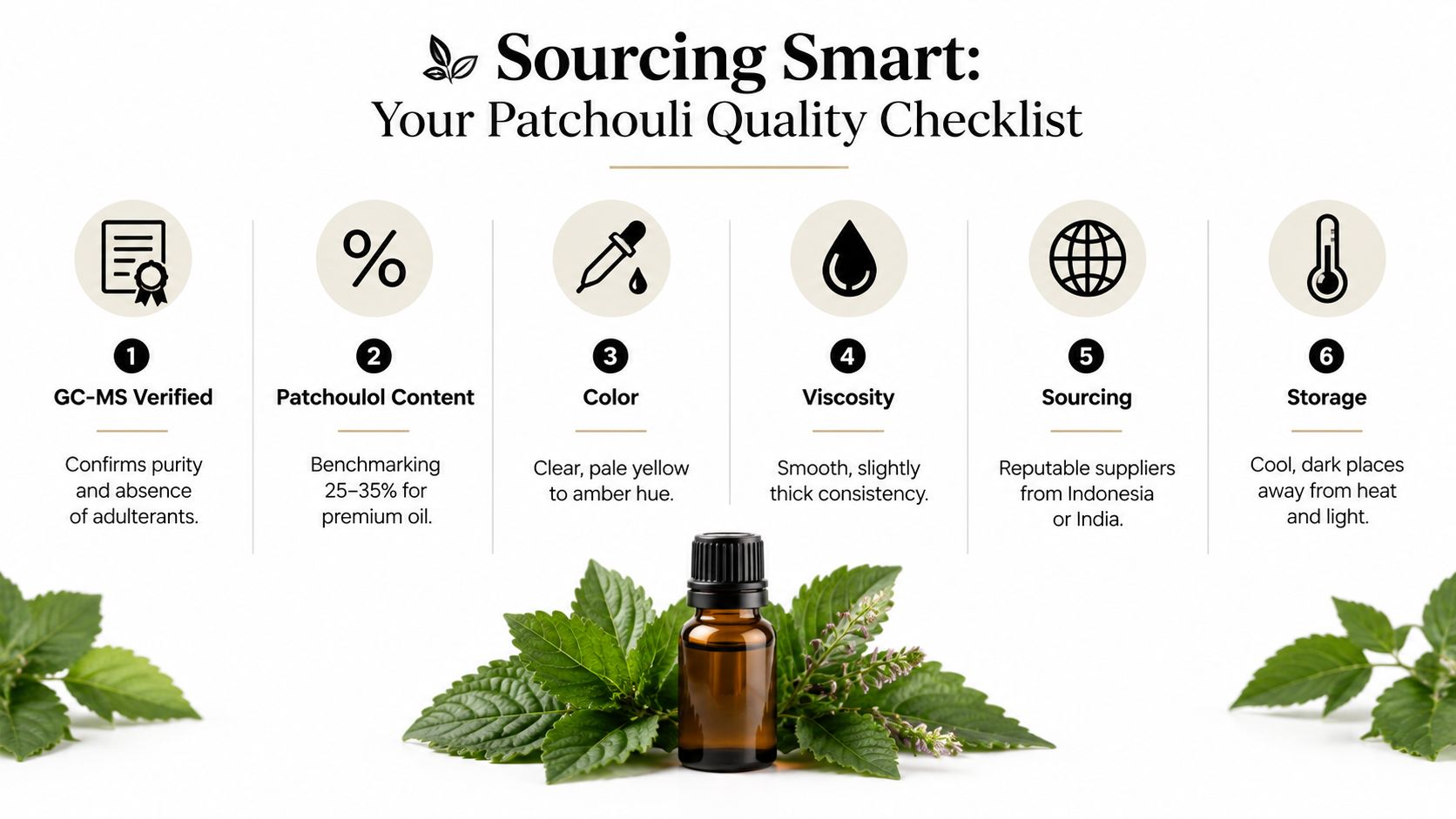An infographic titled Sourcing Smart showing a checklist for verifying high-quality patchouli essential oil with six icons.