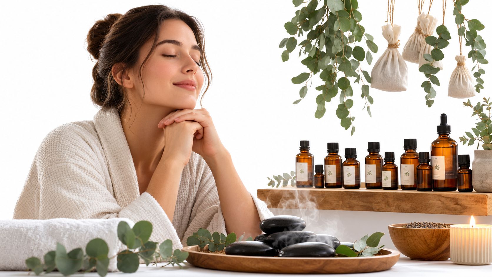 A serene woman relaxing in a spa with aromatic essential oils, eucalyptus, and steaming hot stones.