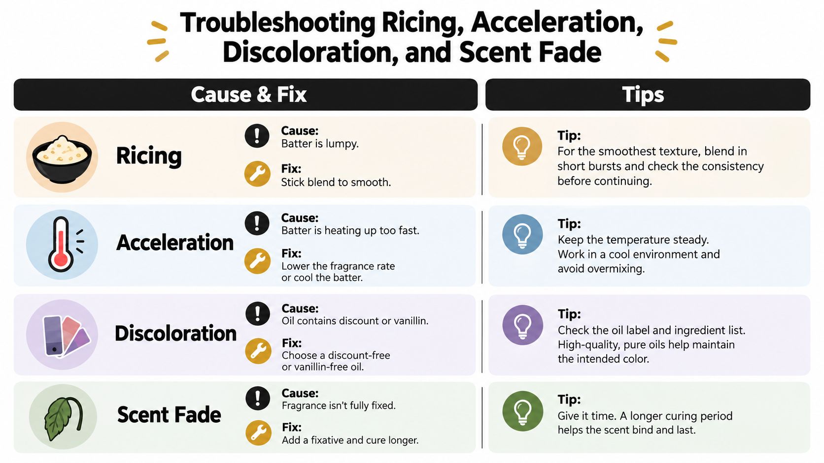A troubleshooting guide infographic for common soap making issues like ricing, acceleration, discoloration, and scent fade.
