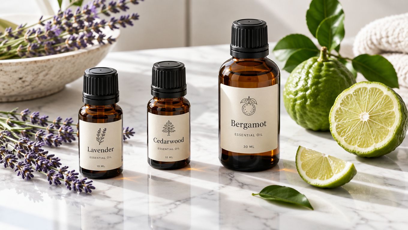 A collection of essential oil bottles including lavender, cedarwood, and bergamot displayed with fresh lime and lavender sprigs.