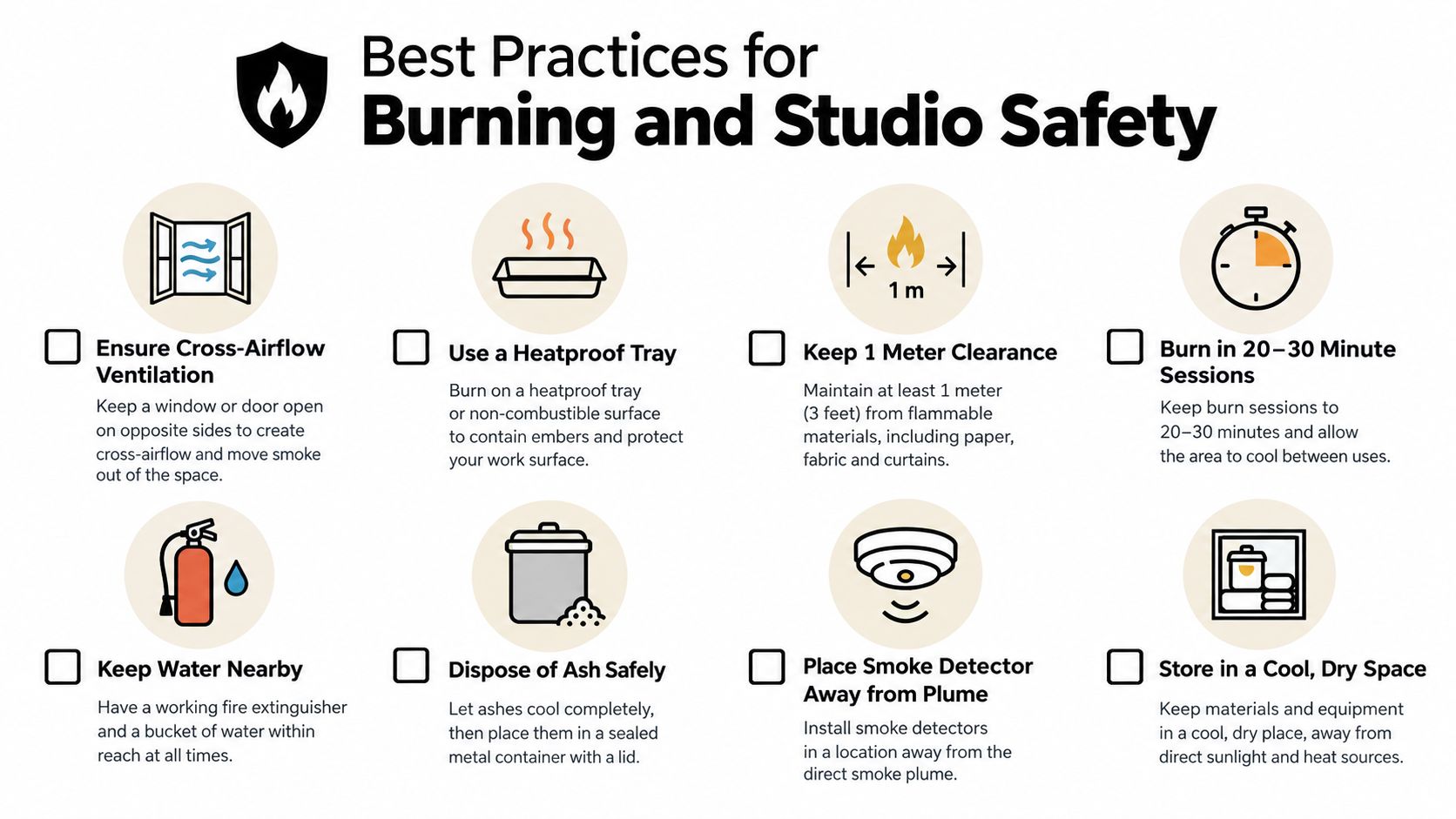 A safety infographic illustrating eight best practices for burning incense and maintaining a secure studio environment.