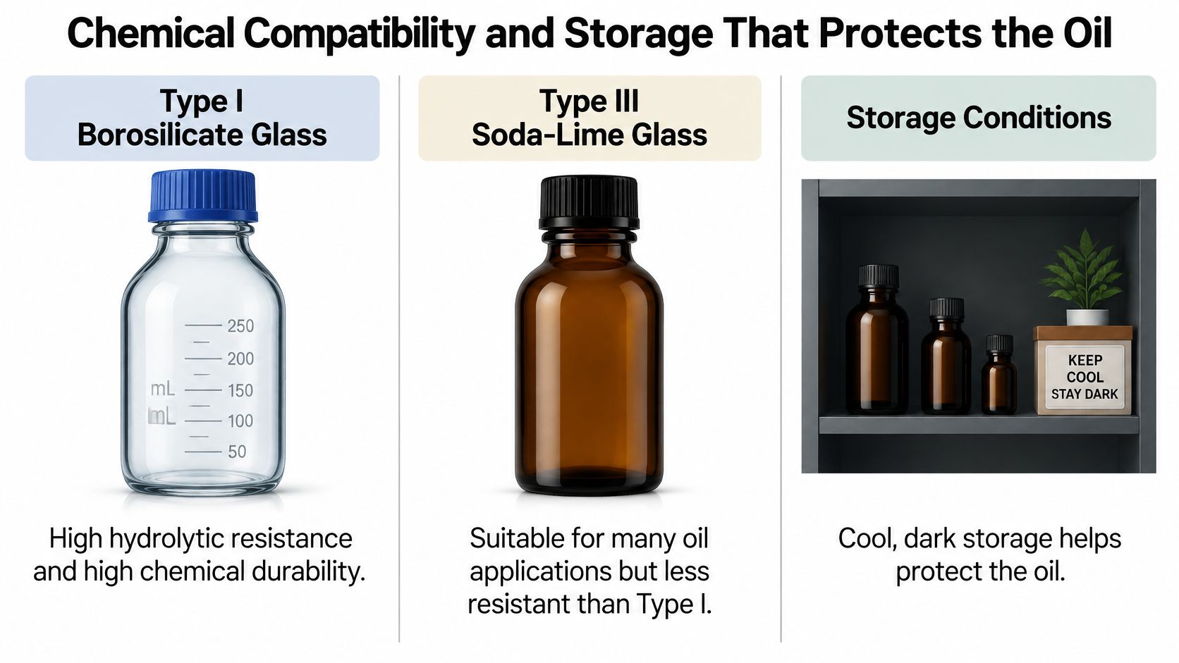 A diagram comparing borosilicate and soda-lime glass bottles with tips for storing oils in cool, dark environments.