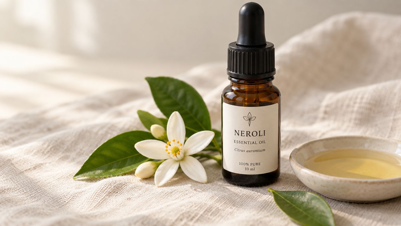 A brown glass bottle of neroli essential oil with a white flower and leaves on beige fabric.
