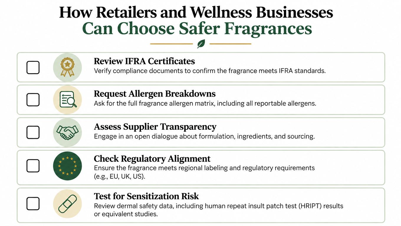 A checklist infographic titled How Retailers and Wellness Businesses Can Choose Safer Fragrances, outlining five safety steps.