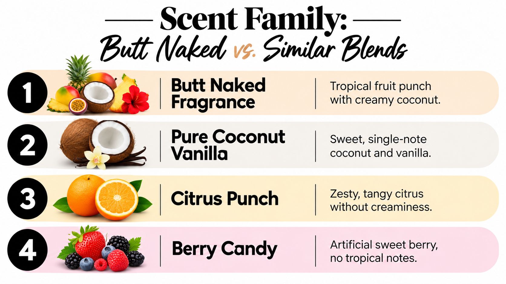 A comparison chart showing Butt Naked fragrance versus other similar scent blends with descriptions and fruit imagery.