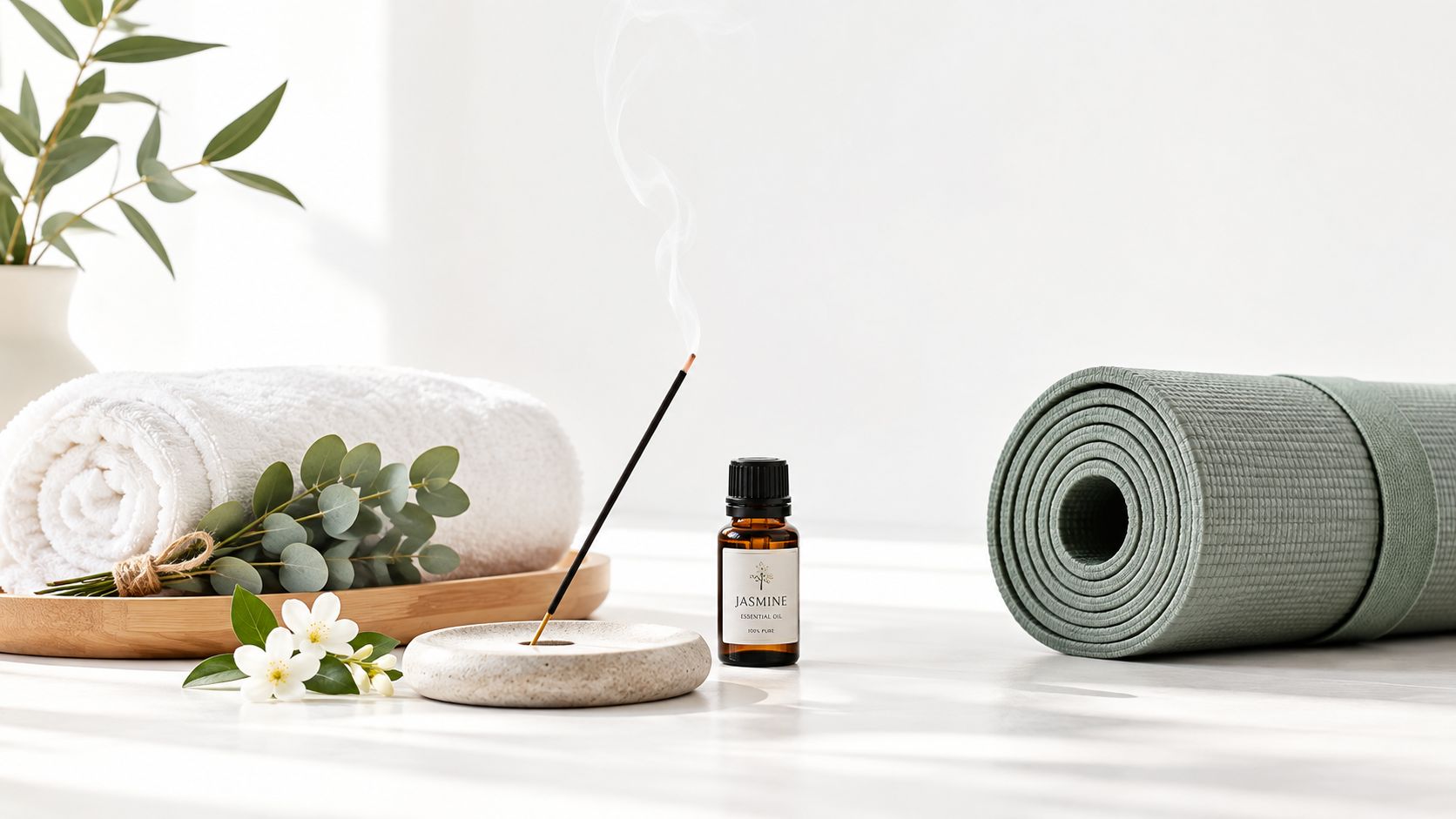 A serene wellness setup with a rolled yoga mat, jasmine essential oil, a towel, and burning incense sticks.