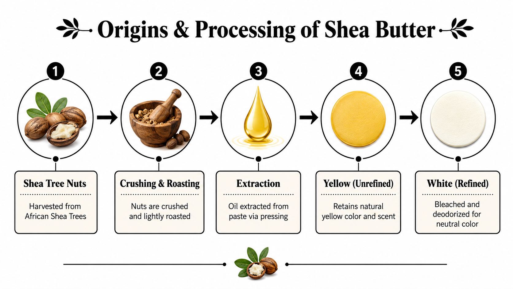 A five-step infographic showing the processing stages of African shea nuts into unrefined yellow and refined white shea butter.