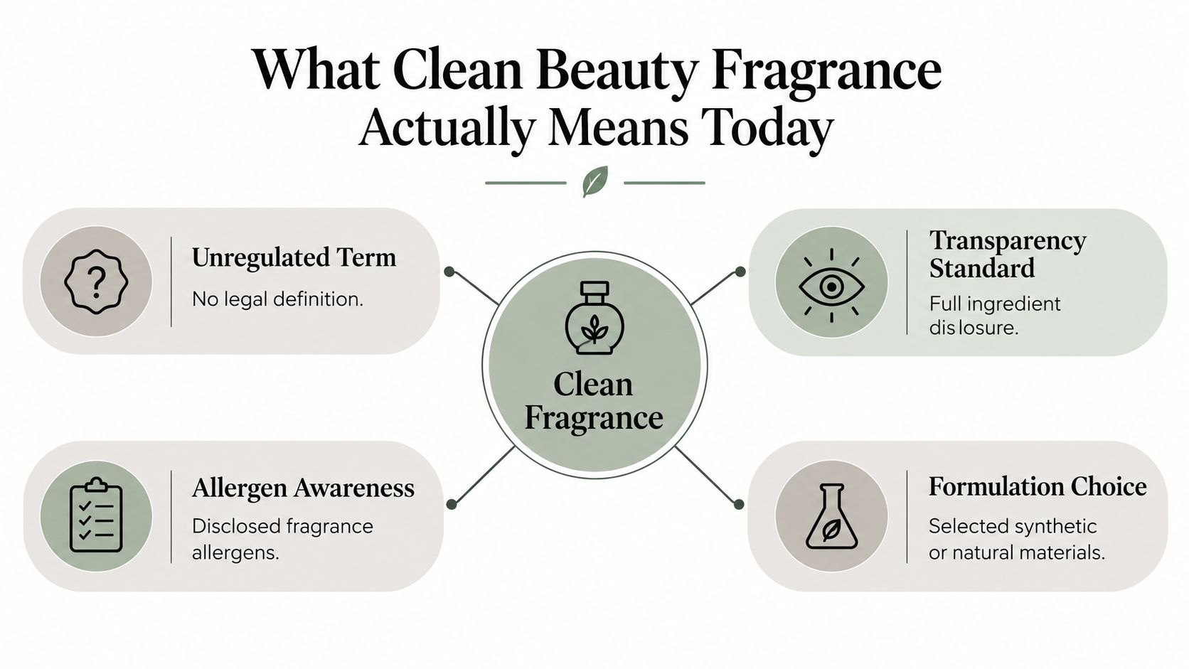 An infographic defining clean beauty fragrance as an unregulated term with four core principles of consumer safety.