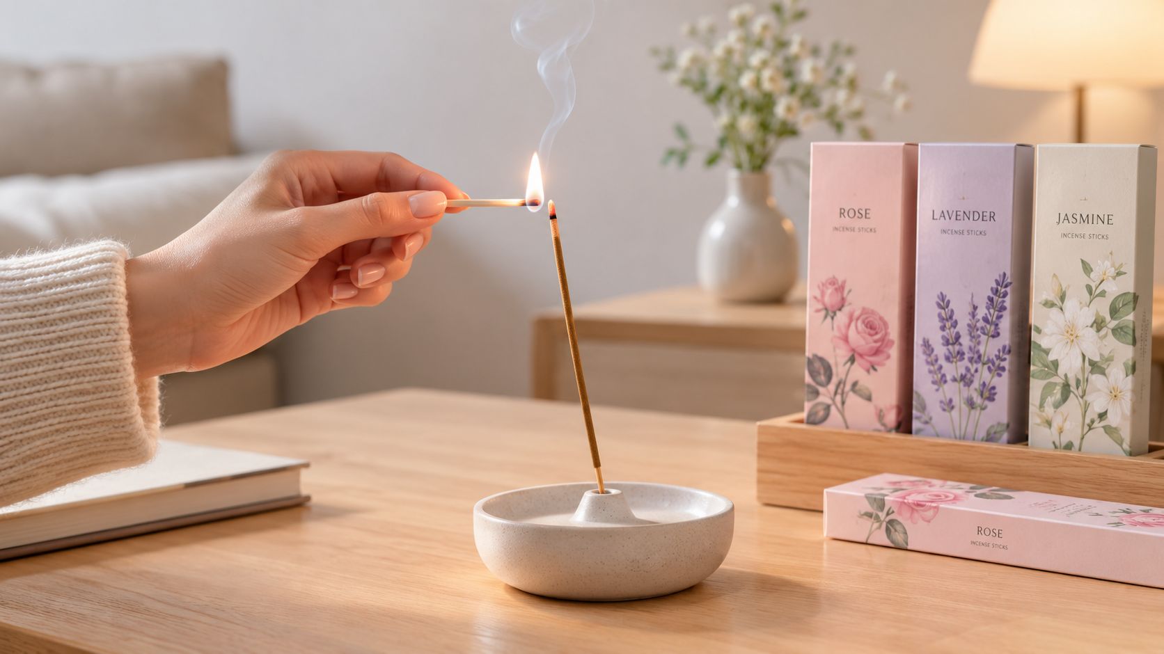 A hand lights an incense stick with a match, next to boxes of floral incense sticks.