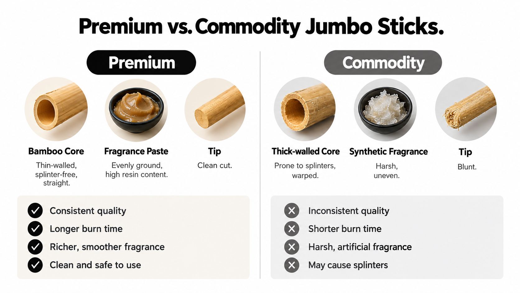 A comparison chart showing the quality differences between premium and commodity jumbo incense sticks for consumers.