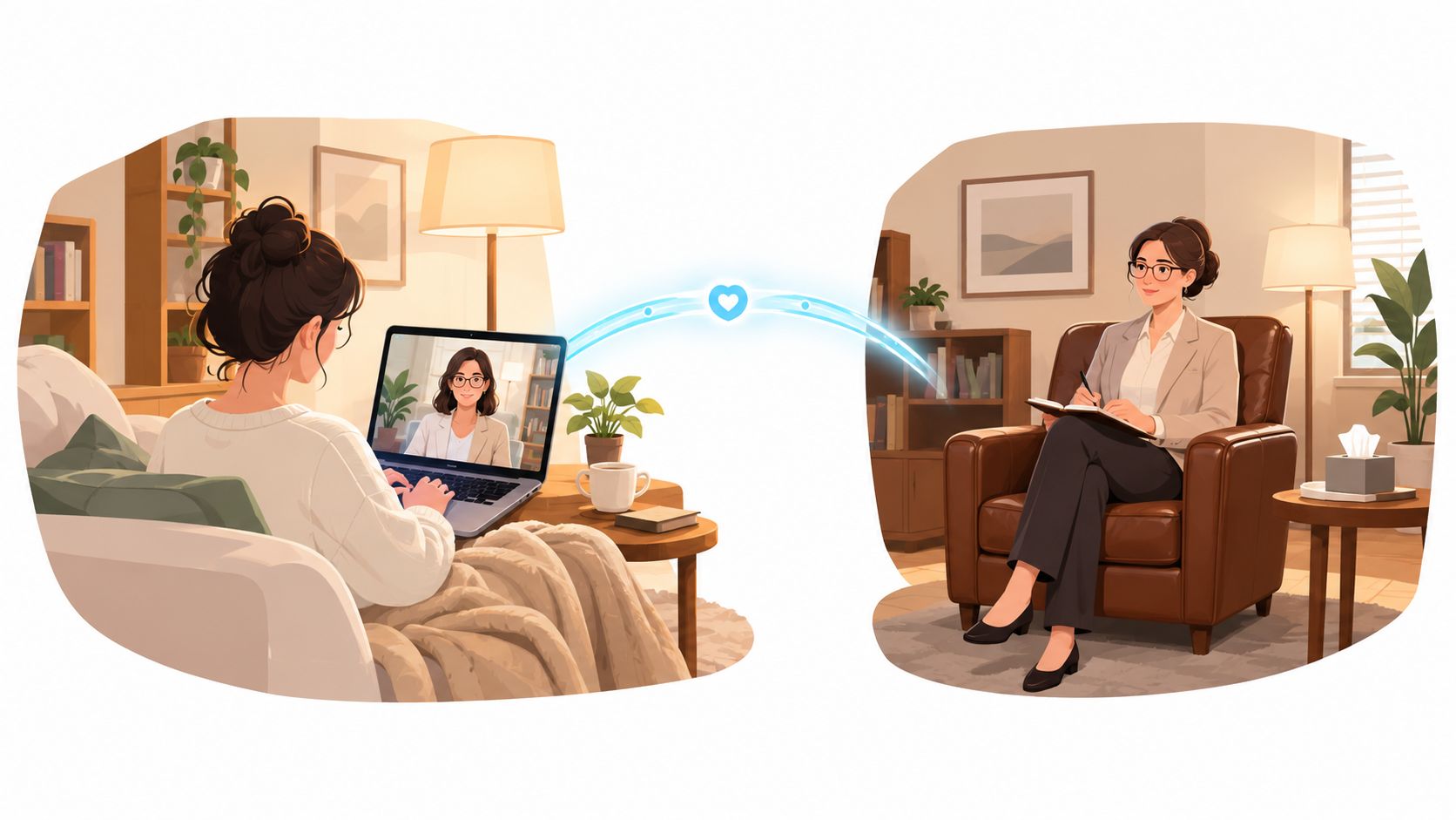 A woman participates in an online therapy session with her counselor through a laptop from home.
