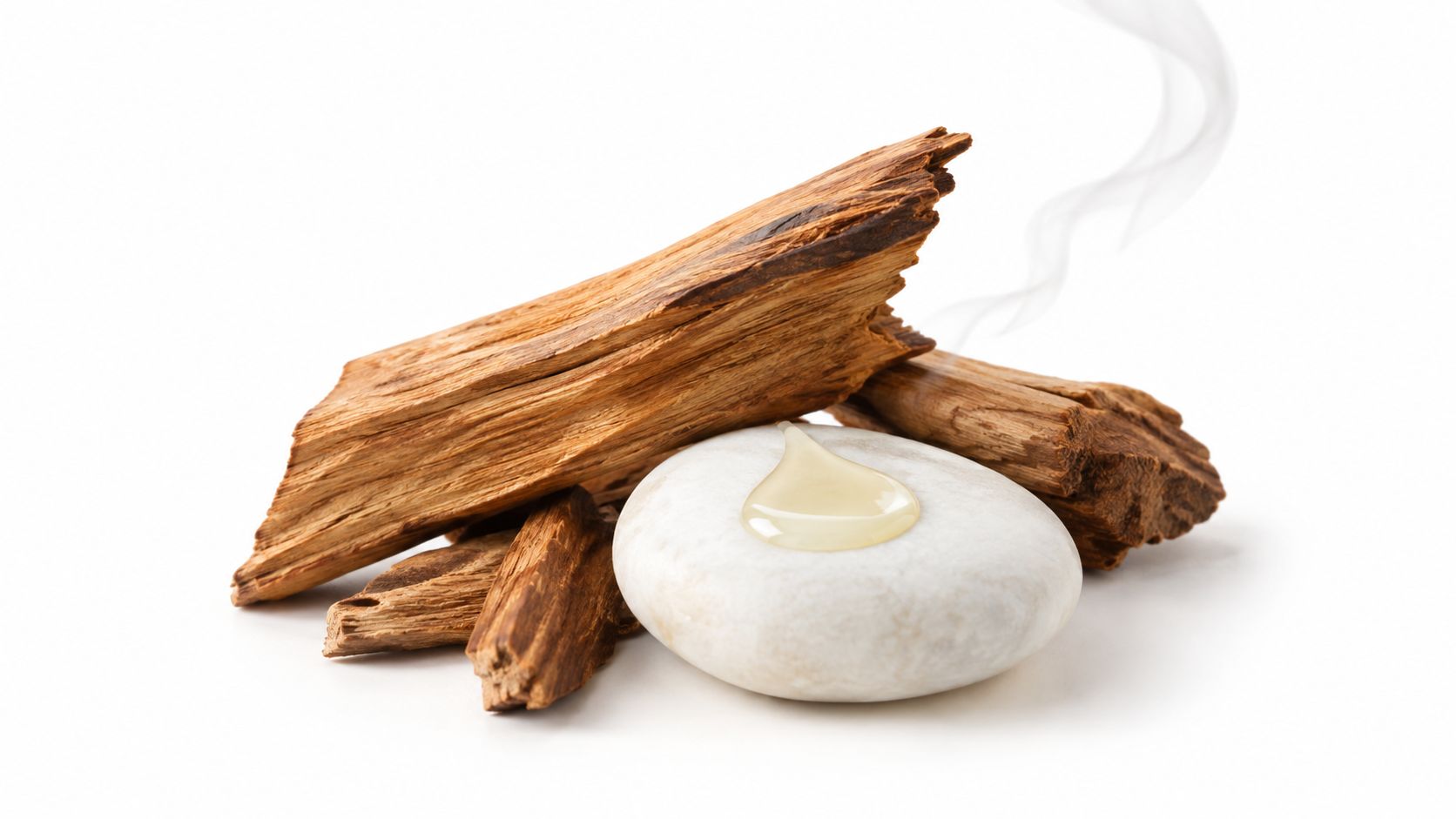 A close-up shot of sandalwood sticks arranged with a smooth stone topped with a golden oil drop.