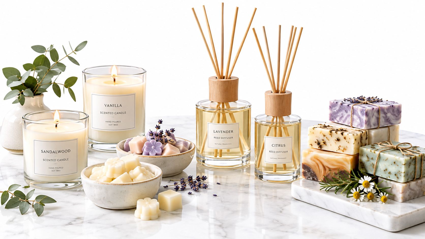 An arrangement of scented candles, reed diffusers, wax melts, and artisan soaps on a marble table.