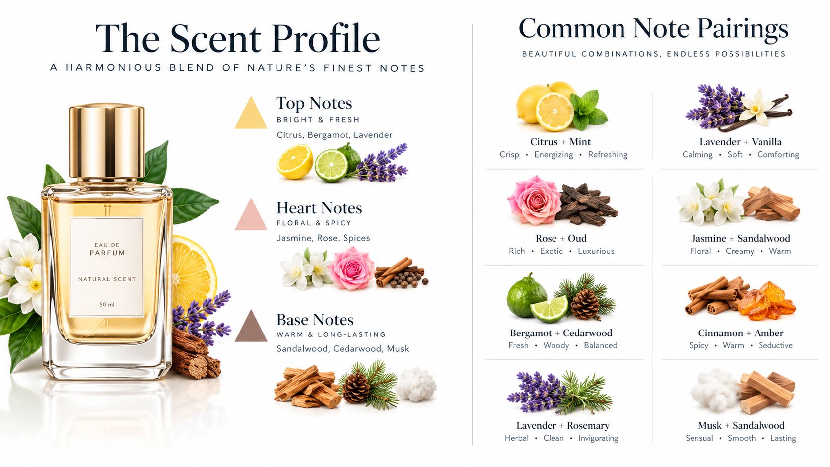 A detailed perfume scent profile graphic showing top, heart, and base notes alongside common fragrance pairings.